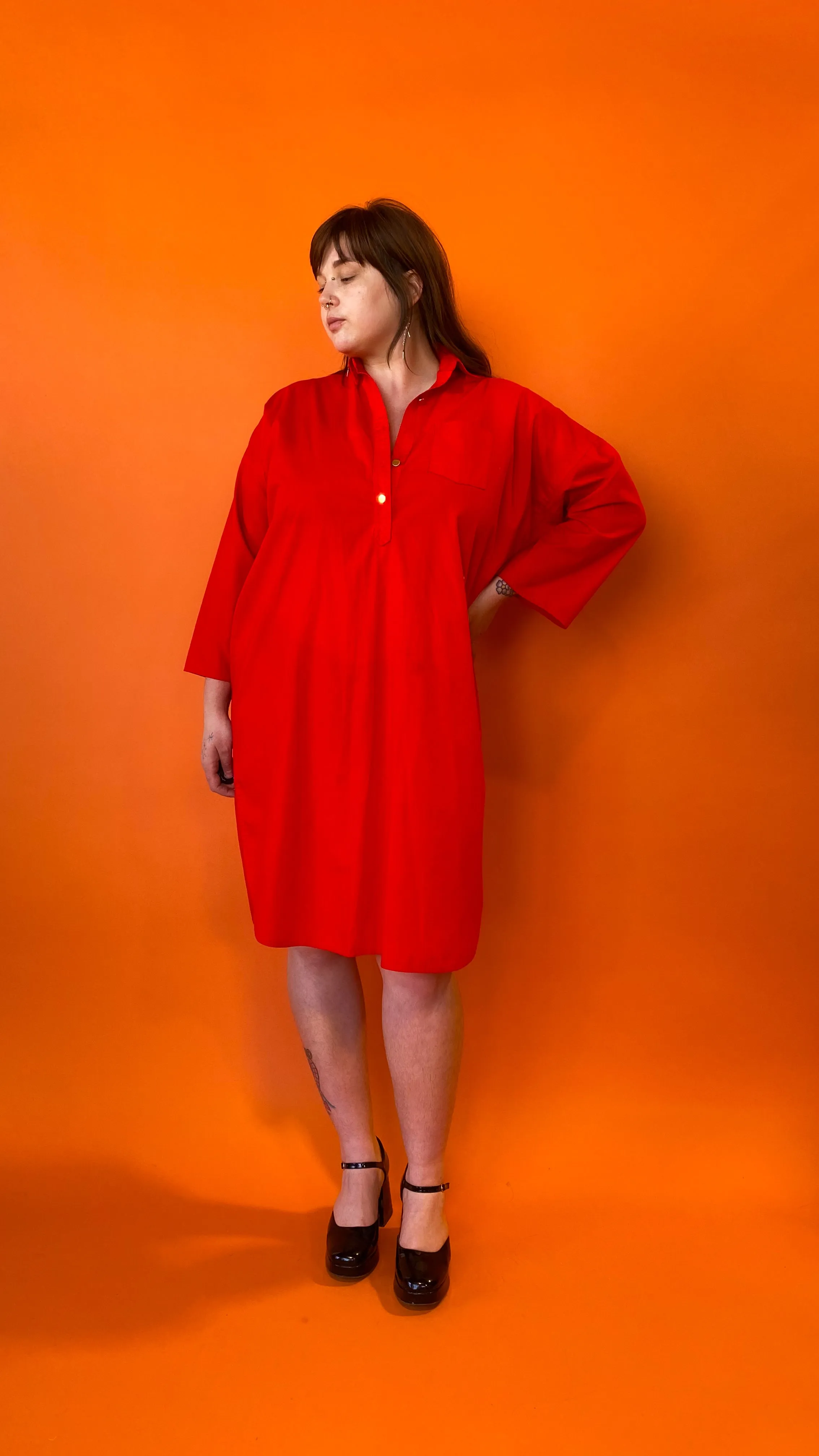 1980s Bright Red Shirtdress, sz. 3XL