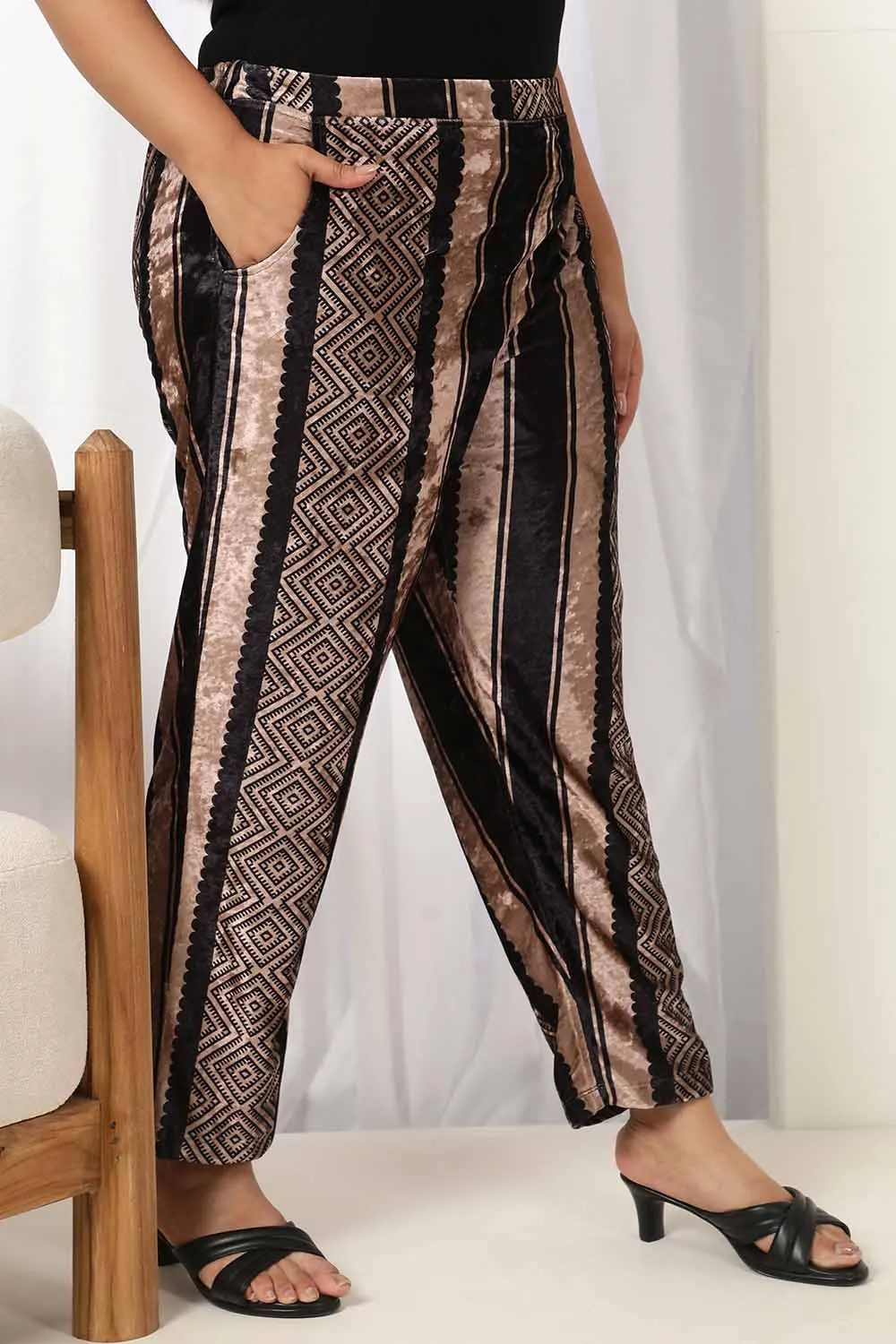 Black Beige Stripe Velvet Pant