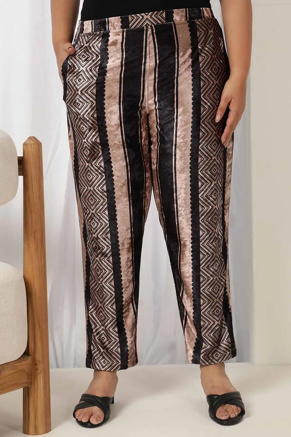 Black Beige Stripe Velvet Pant