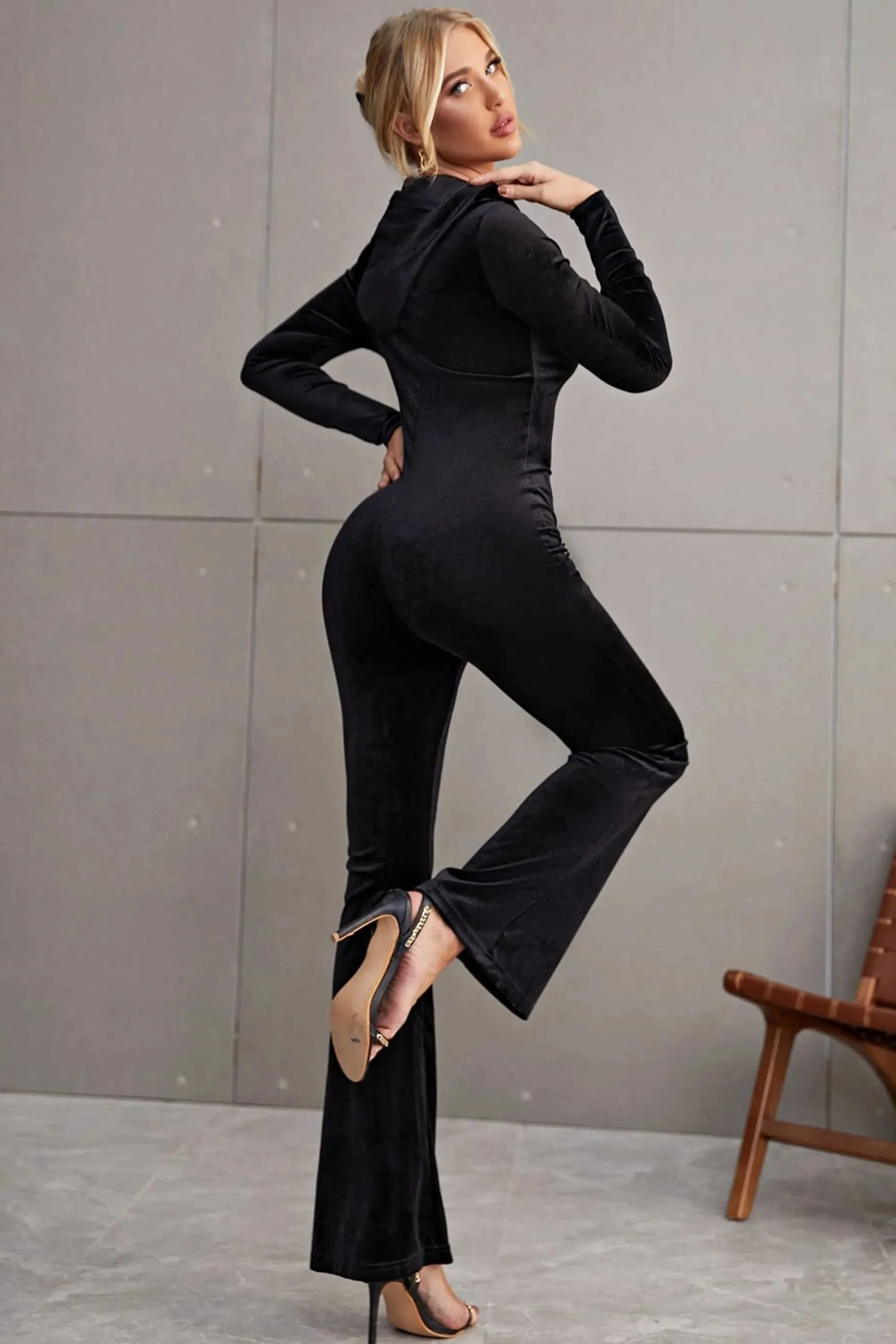 Black Flared Velvet Jumpsuit