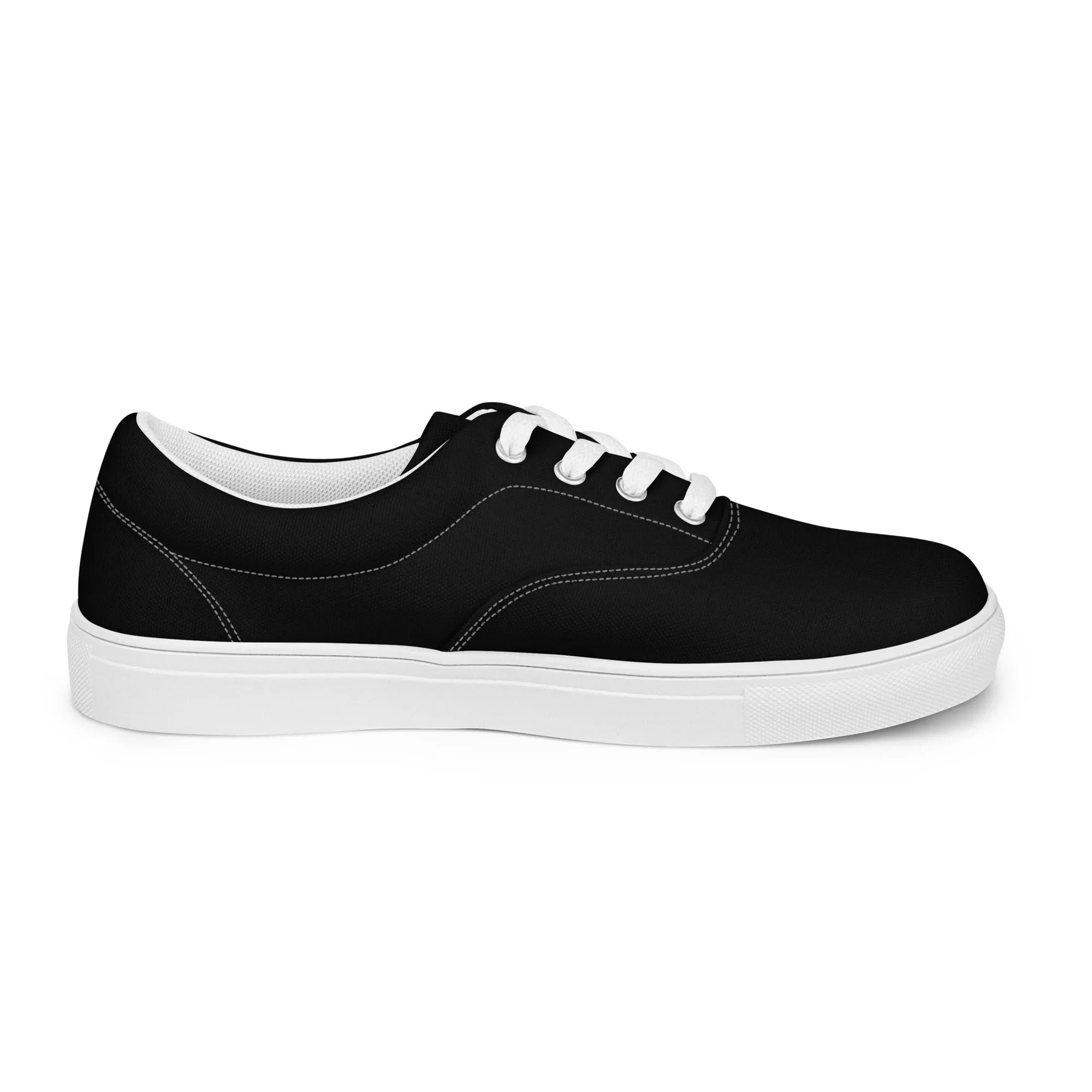 Black Solid Color Men's Sneakers, Solid Sleek Black Color Best Designer Men’s Lace-up Low Top Canvas Shoes (US Size: 5-13)