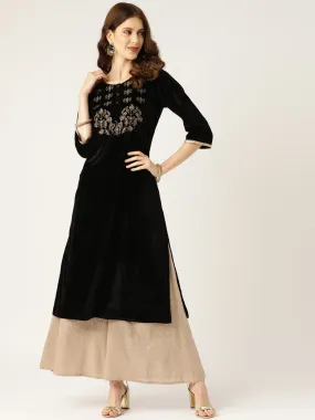 Black Zari Embroidered Velvet Kurta