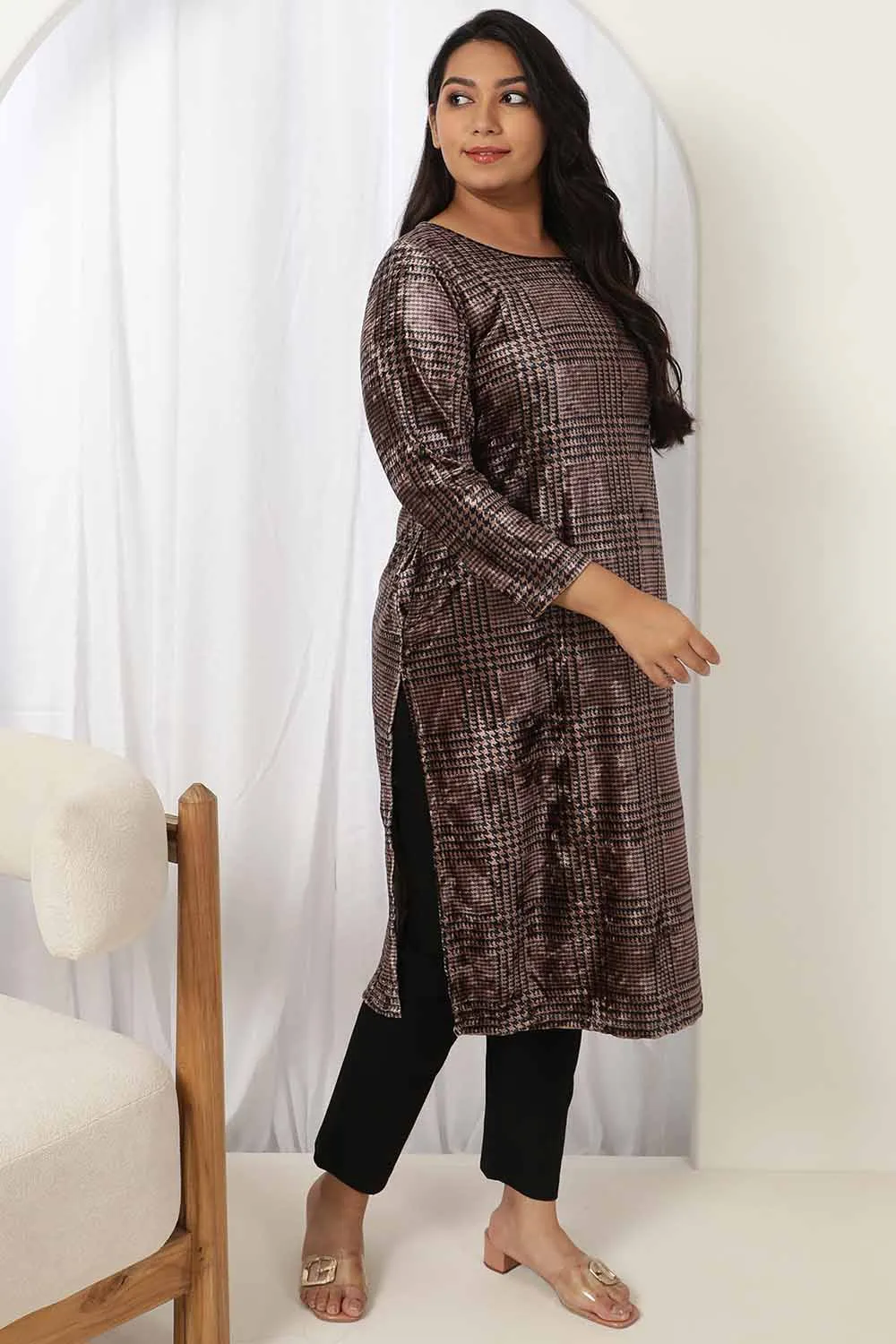 Brown Houndstooth Velvet Kurta