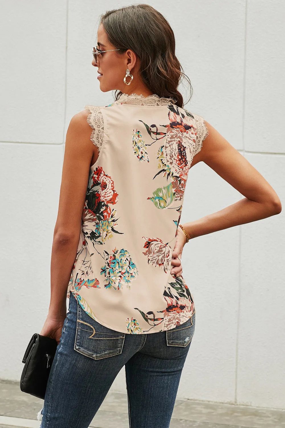 Chic Apricot V Neck Lace Trim Floral Tank