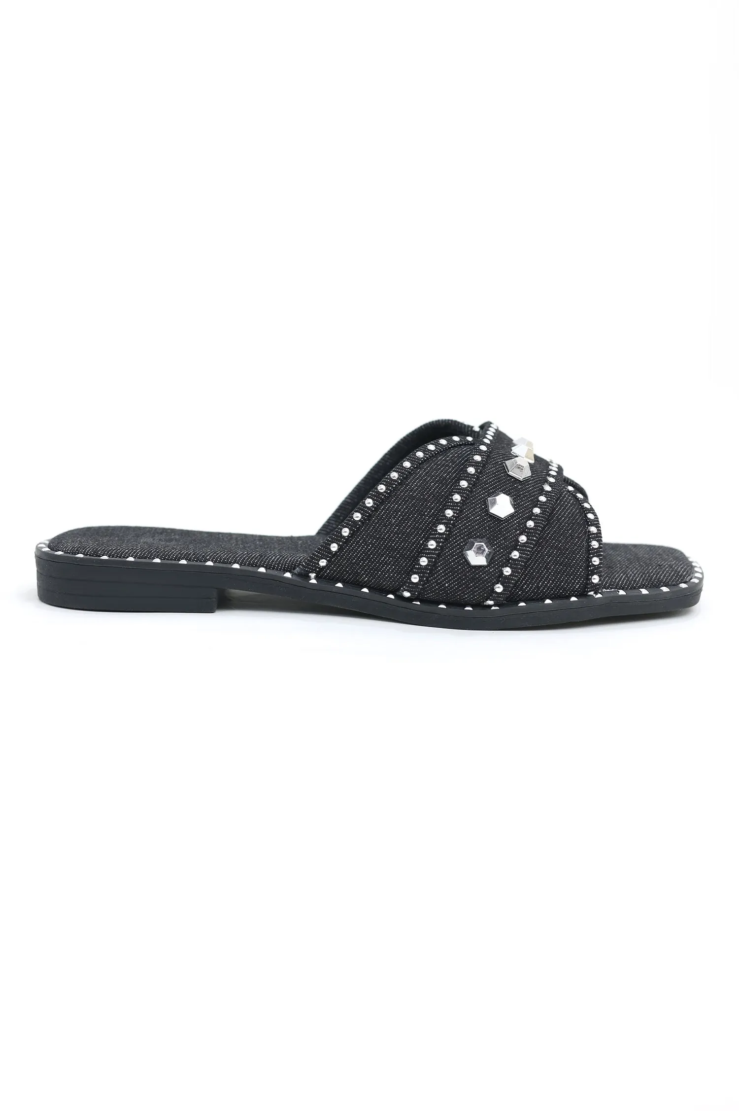 DENIM CHIC STUDDED SLIDES-BLACK