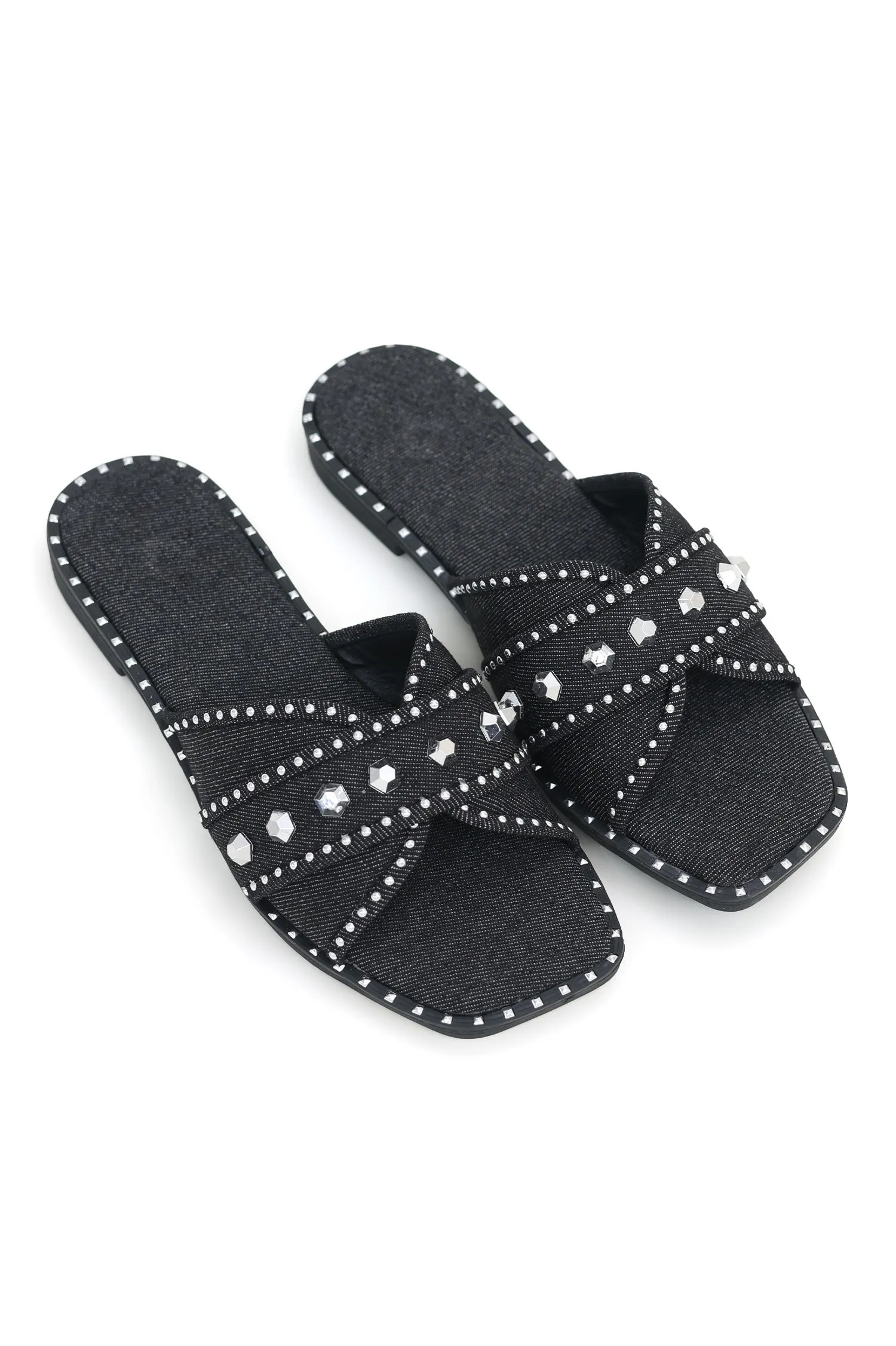 DENIM CHIC STUDDED SLIDES-BLACK