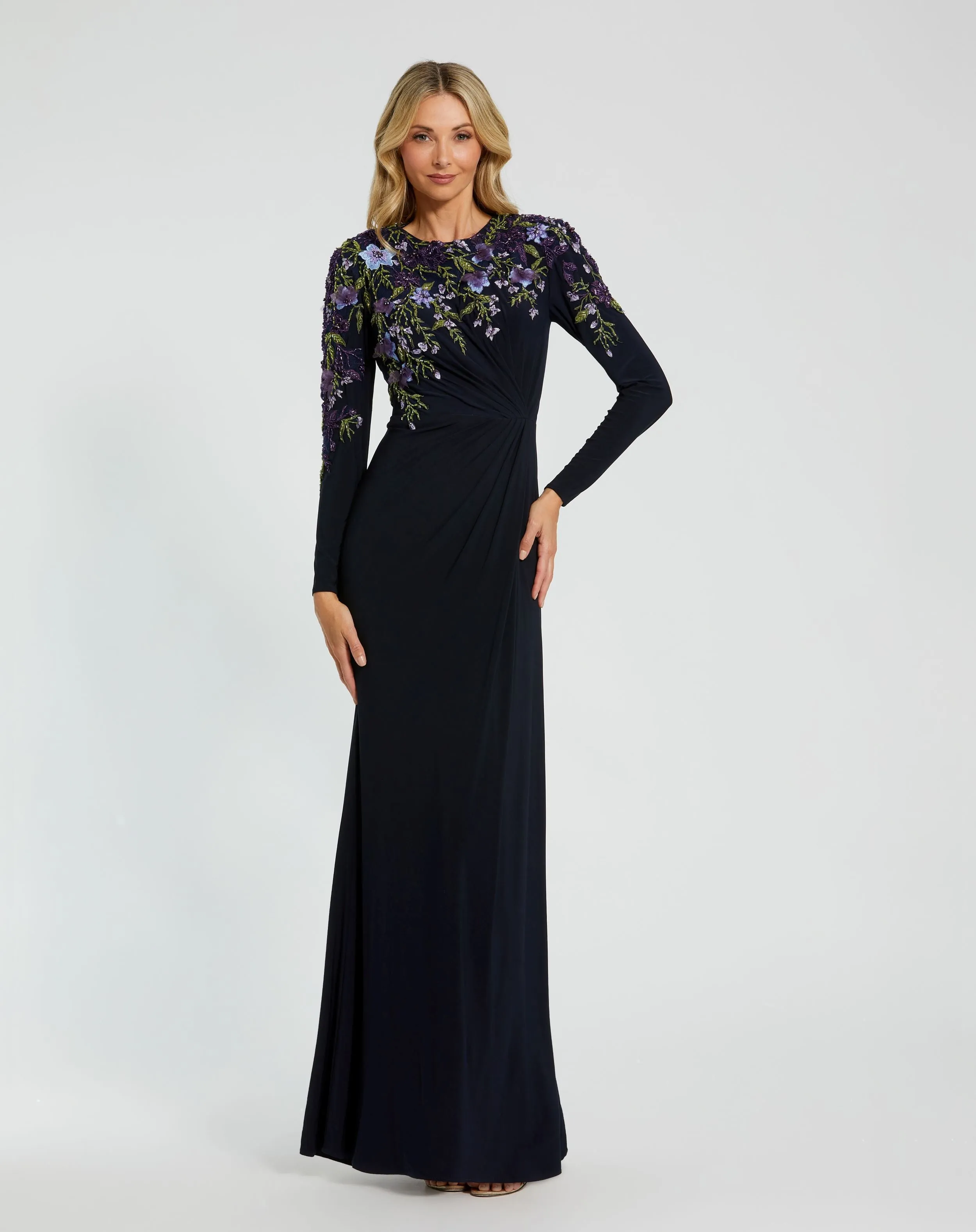 Embellished Long Sleeve Fitted Jersey Gown