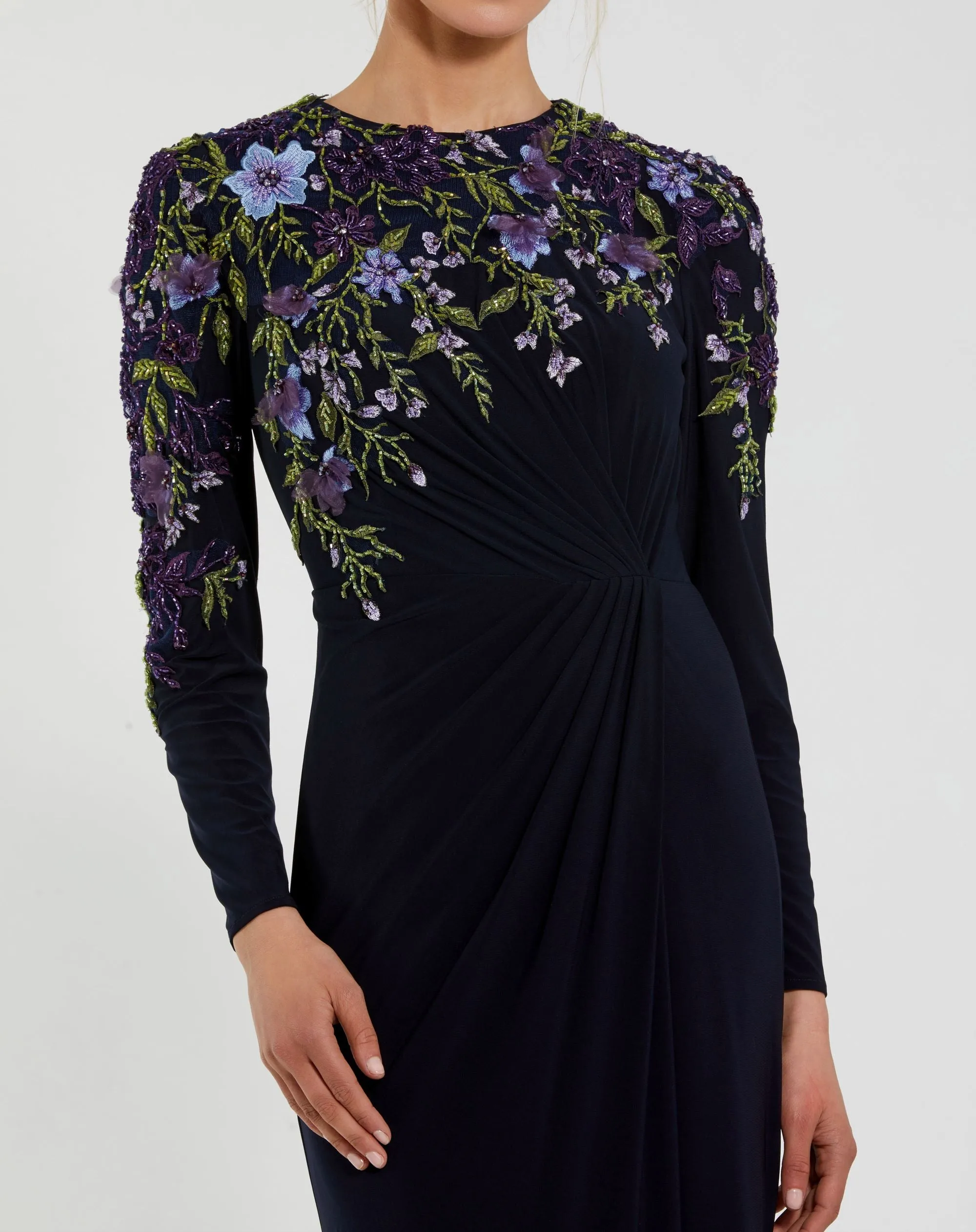 Embellished Long Sleeve Fitted Jersey Gown