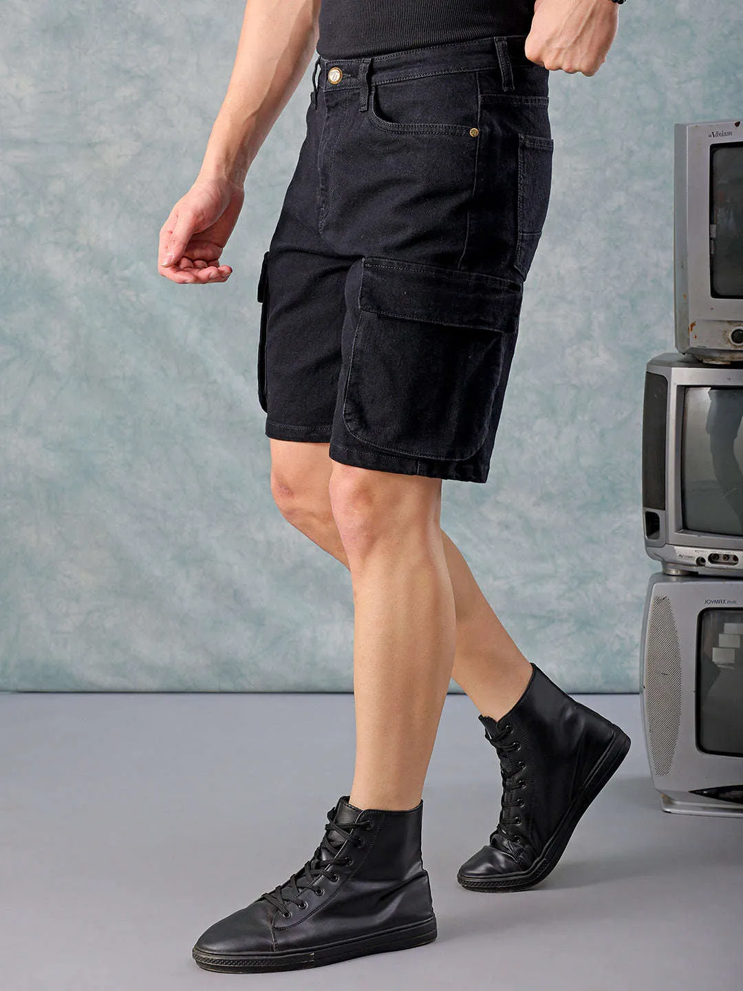 Men Black Relaxed Fit Solid Denim Shorts