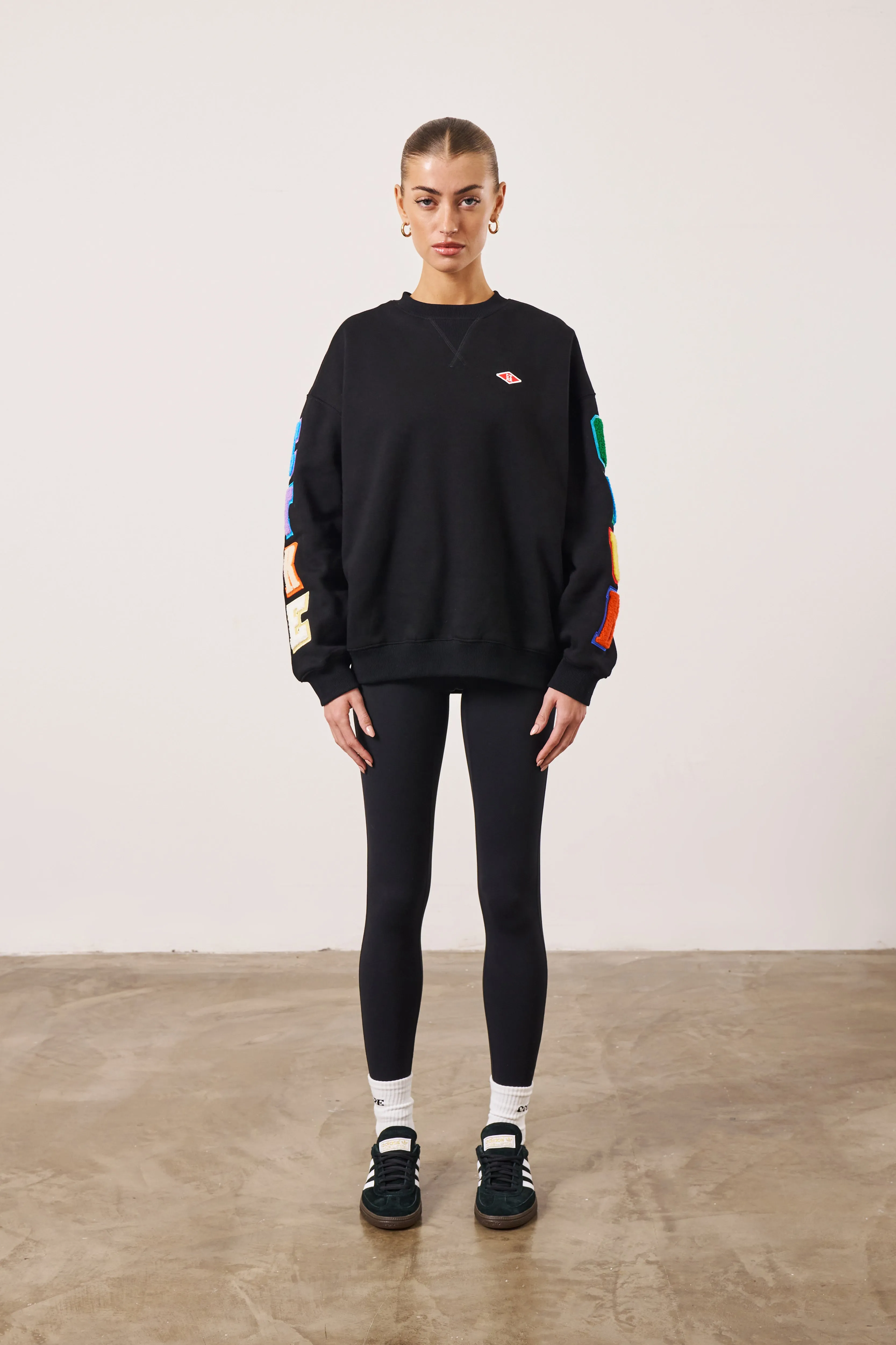 MULTIBADGED CHENILLE RELAXED SWEATSHIRT - BLACK