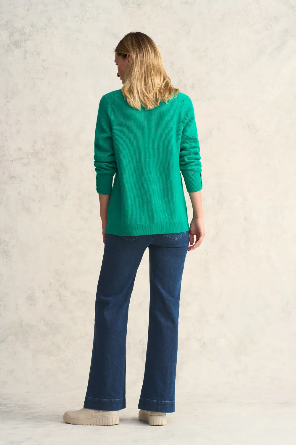 Ribbed V Neck Wool Jumper - Bright Jade