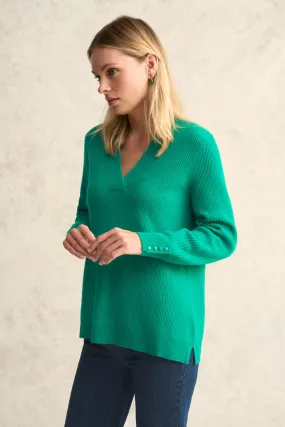 Ribbed V Neck Wool Jumper - Bright Jade