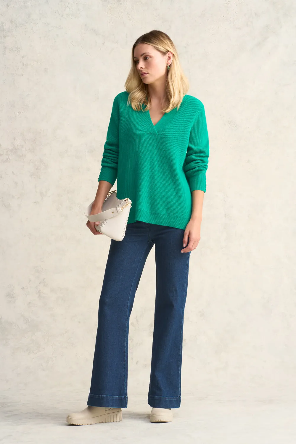 Ribbed V Neck Wool Jumper - Bright Jade