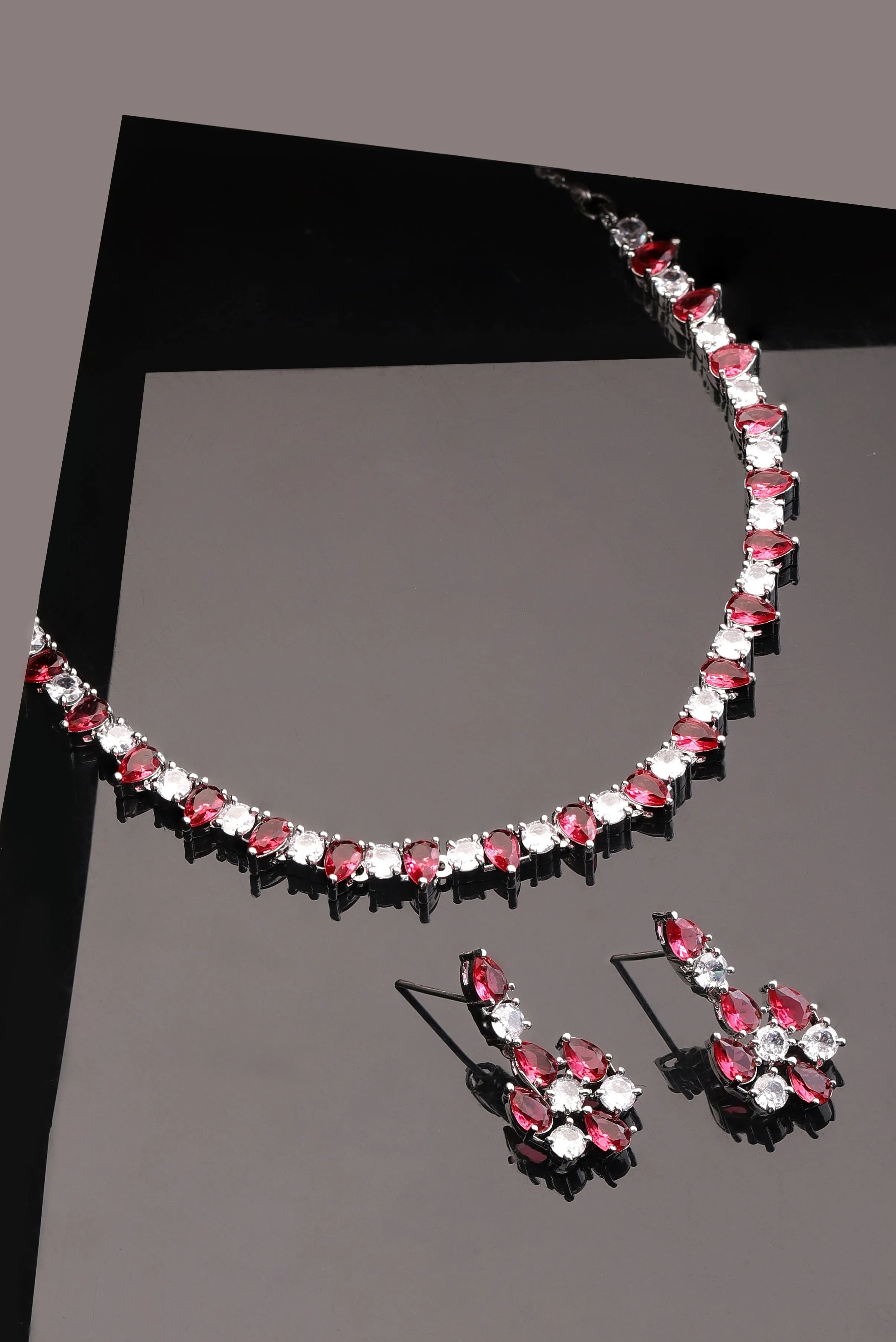 Rubans Rhodium-plated Ruby Red Zirconia studded sleek Necklace Set