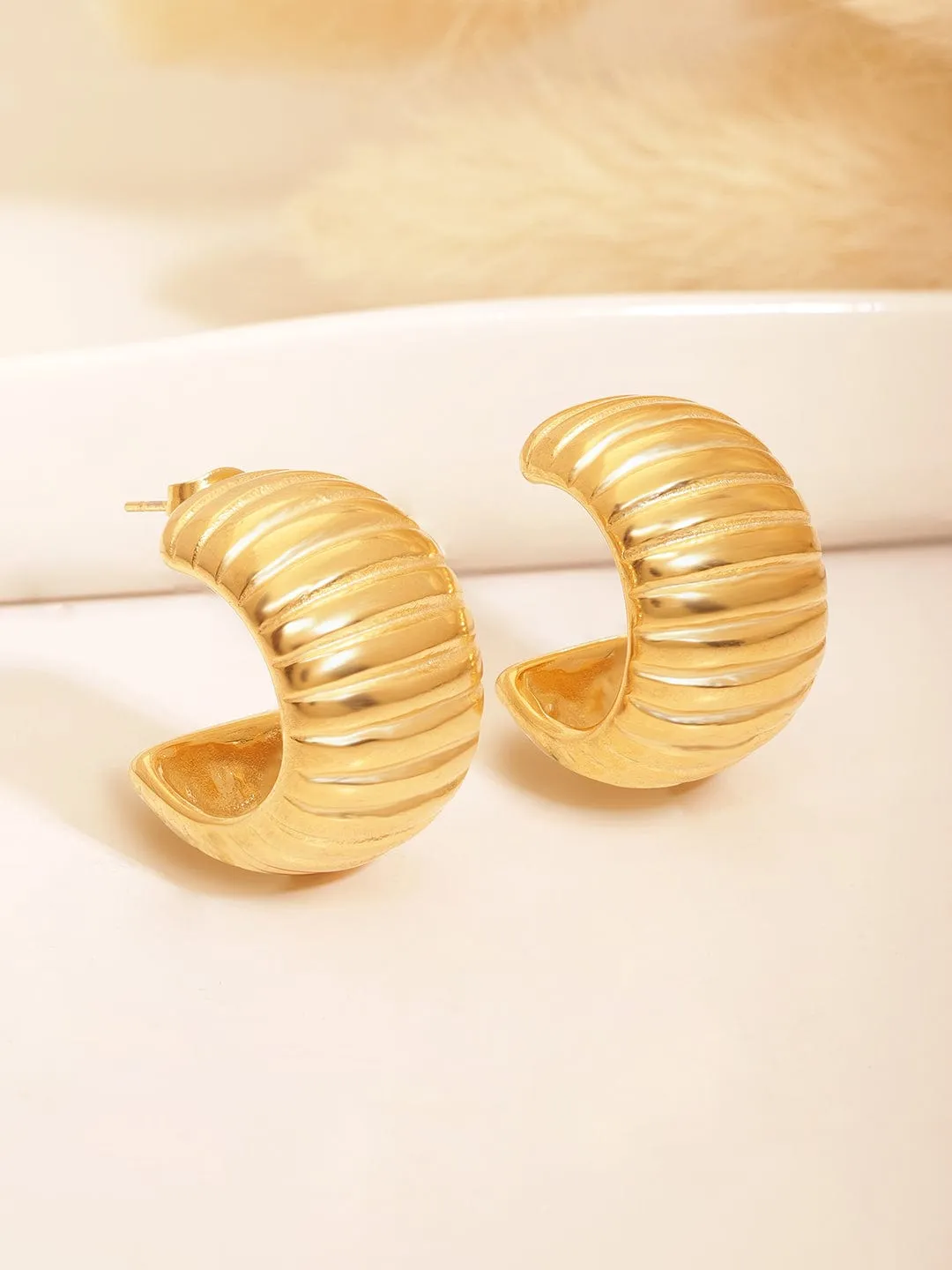 Rubans Voguish Stainless Steel  18 KT Gold Plated  Waterproof  tarnish-free  Sleek Textured C Hoop Earring