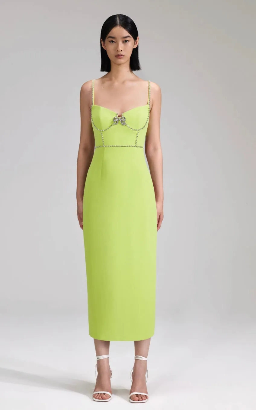 Self-Portrait - Lime Crepe Bow Midi Dress - Green