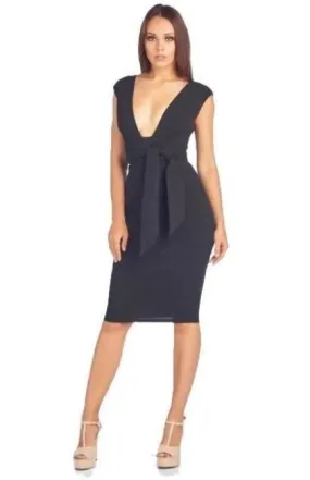 Sleek Black Plunge Belted Midi Dress