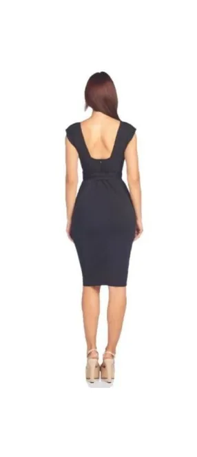 Sleek Black Plunge Belted Midi Dress