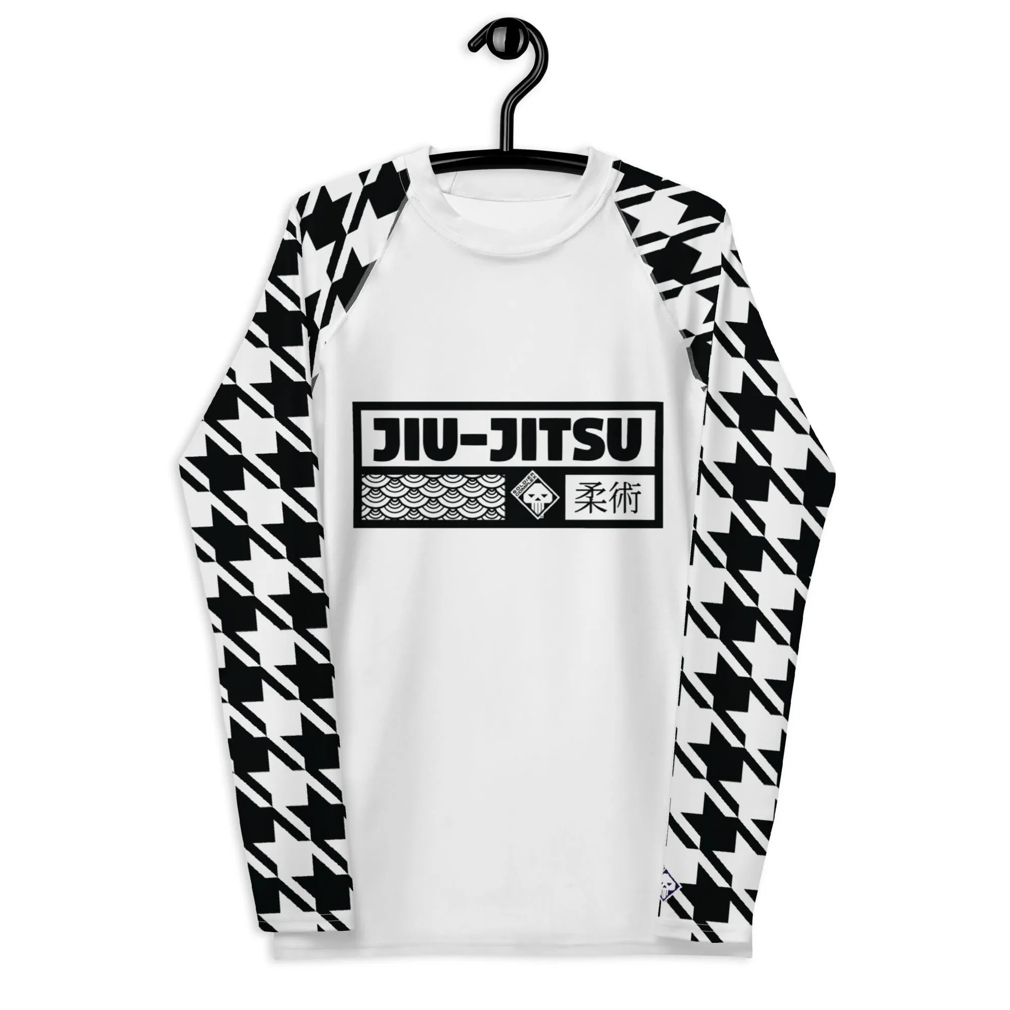 Sleek Style: Long Sleeve Jiu-Jitsu Houndstooth BJJ Rash Guard for Men Blanc