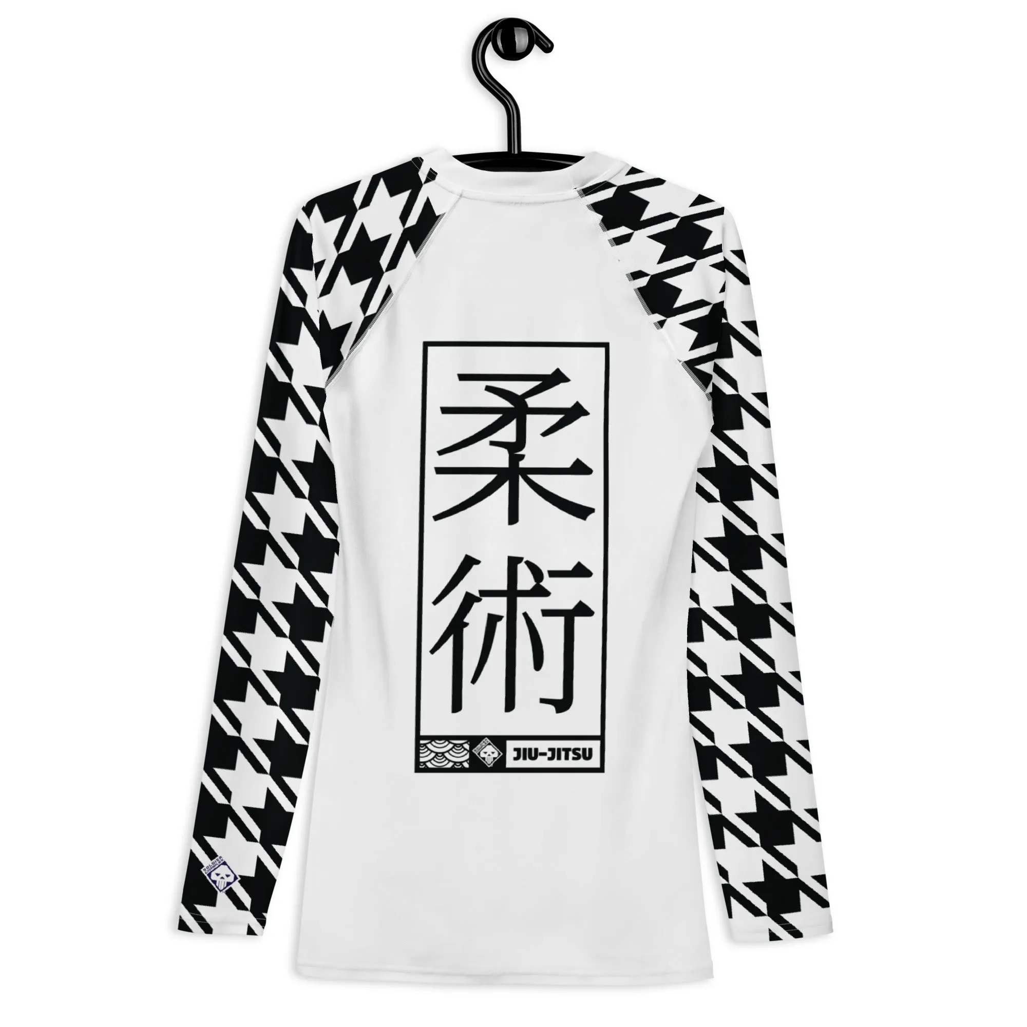 Sleek Style: Long Sleeve Jiu-Jitsu Houndstooth BJJ Rash Guard for Men Blanc