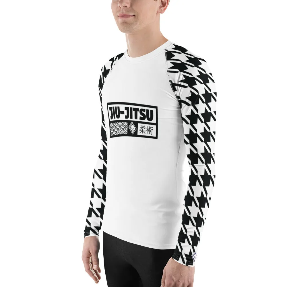 Sleek Style: Long Sleeve Jiu-Jitsu Houndstooth BJJ Rash Guard for Men Blanc