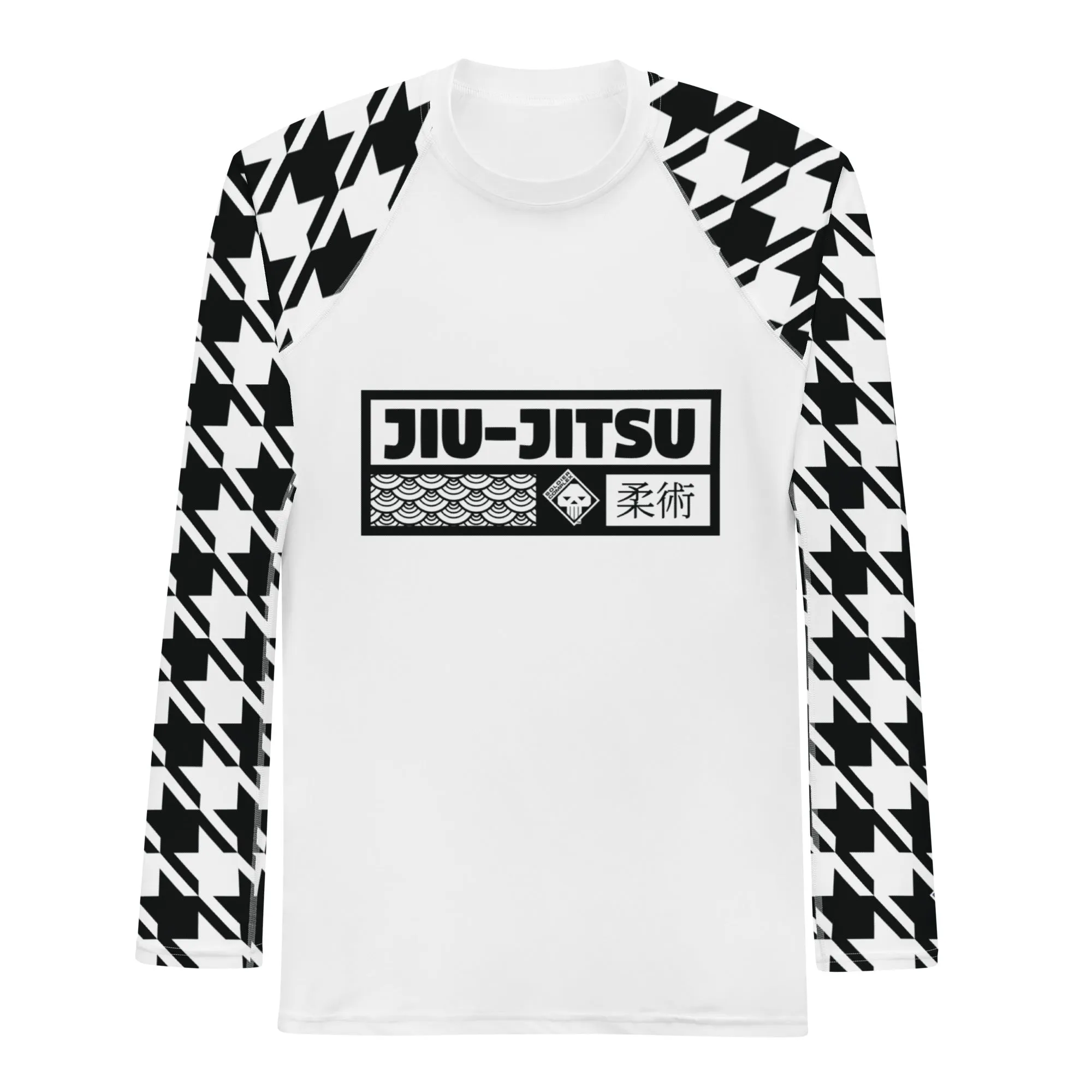 Sleek Style: Long Sleeve Jiu-Jitsu Houndstooth BJJ Rash Guard for Men Blanc