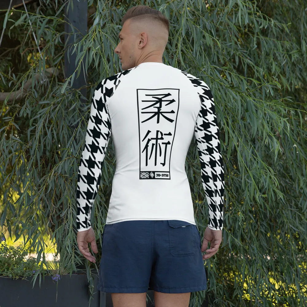 Sleek Style: Long Sleeve Jiu-Jitsu Houndstooth BJJ Rash Guard for Men Blanc