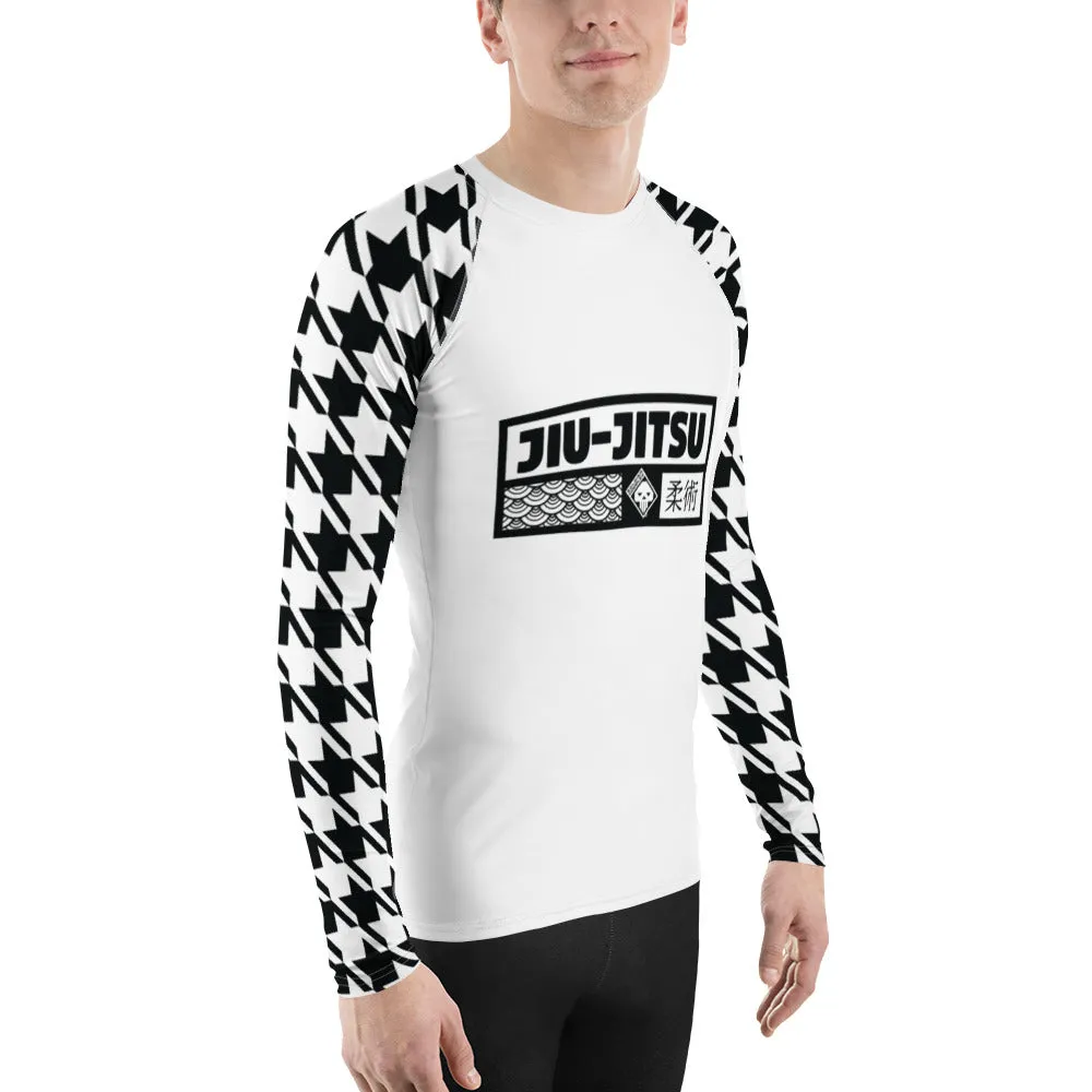 Sleek Style: Long Sleeve Jiu-Jitsu Houndstooth BJJ Rash Guard for Men Blanc