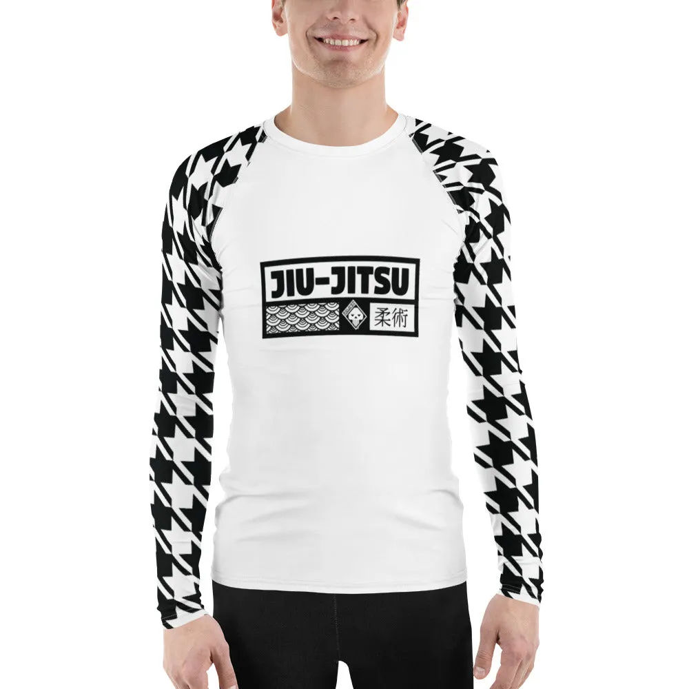 Sleek Style: Long Sleeve Jiu-Jitsu Houndstooth BJJ Rash Guard for Men Blanc