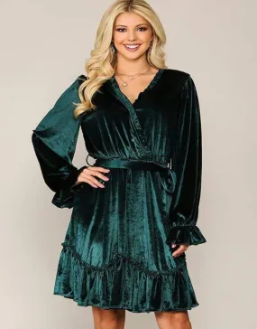 Velvet Surplice Belt Tie Ruffled Dress