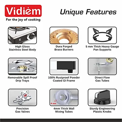 Vidiem Gas Stove S3 213 A SLEEK (Black) | Stainless Steel 2 Burner Gas Stove | Manual Ignition | Safety, Reliability, High Efficiency | ISI Certified | 5 years warranty